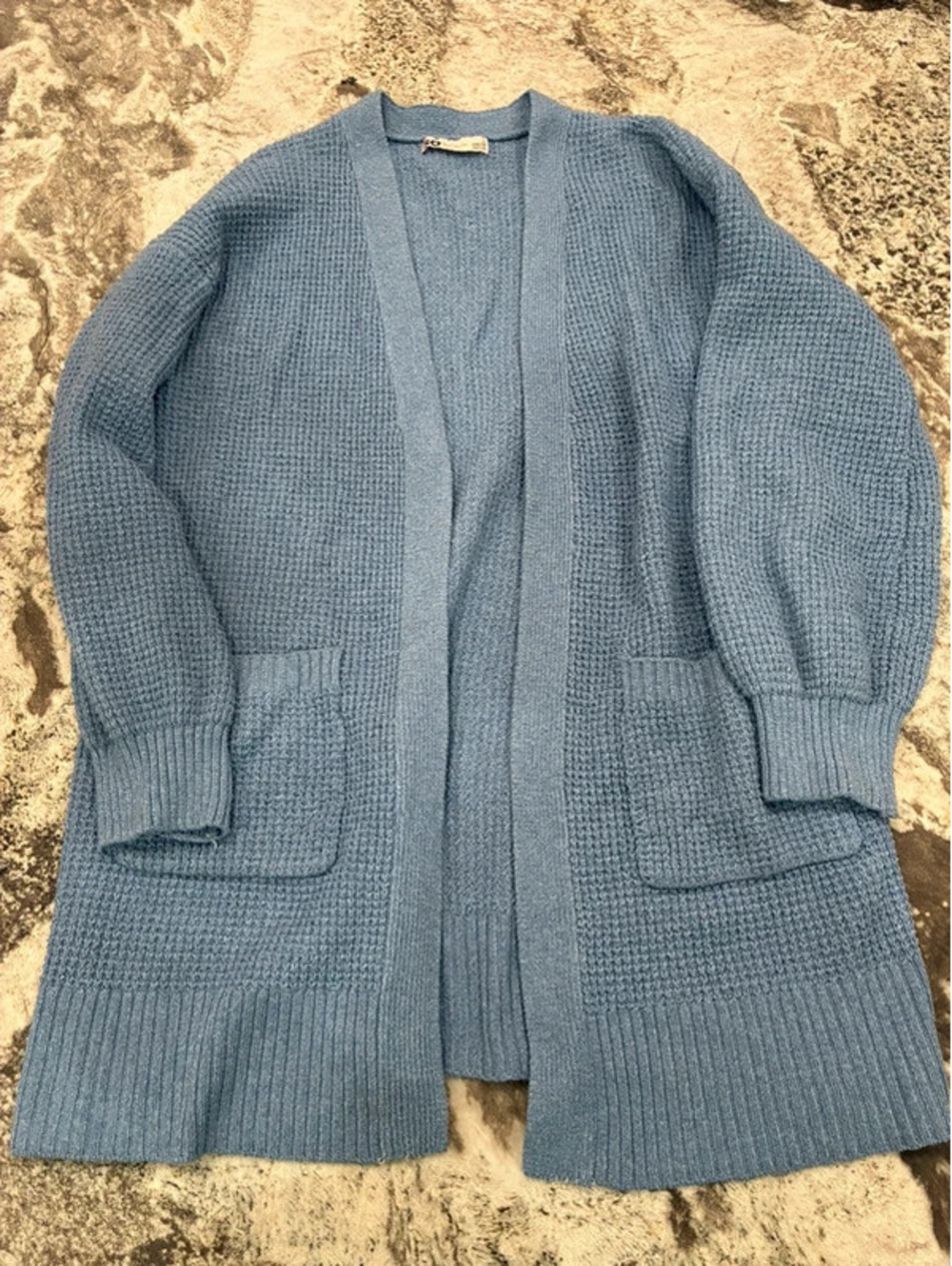 Blue knit, waffle cardigan with pockets